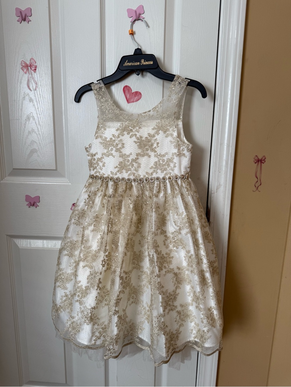 American Princess Ivory and Gold Floral Lace Party Dress NWOT